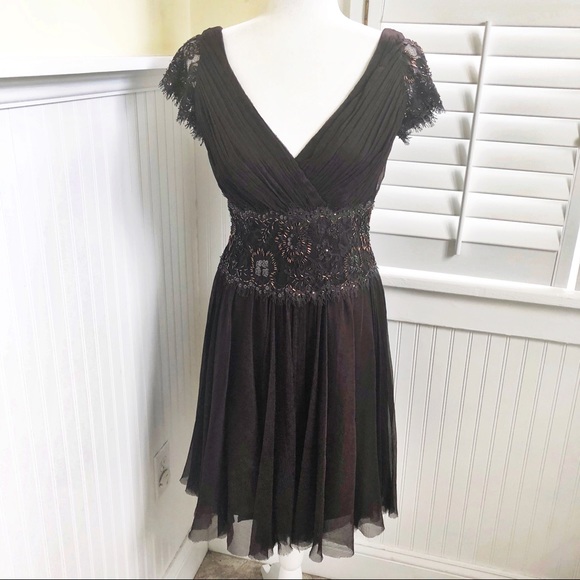 Tadashi Dark Brown Beaded Silk Cocktail Dress Sz 6 - Picture 1 of 8